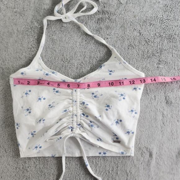 Hollister Top Women M Whit Blue Floral Tie Back Halter Ruched Crop Shelf Bra - Picture 10 of 12